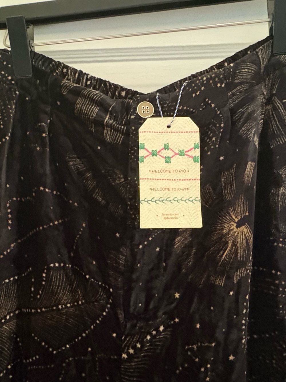 FARM Rio Black Velvet Wide-Leg Jumpsuit Pants with Subtle Starburst Print Size L